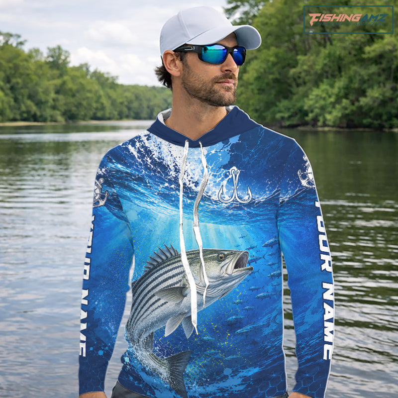 Striped Bass Fishing Jersey Ocean Blue 3D All Over Print Long Sleeve Hooded Performance Shirt 
