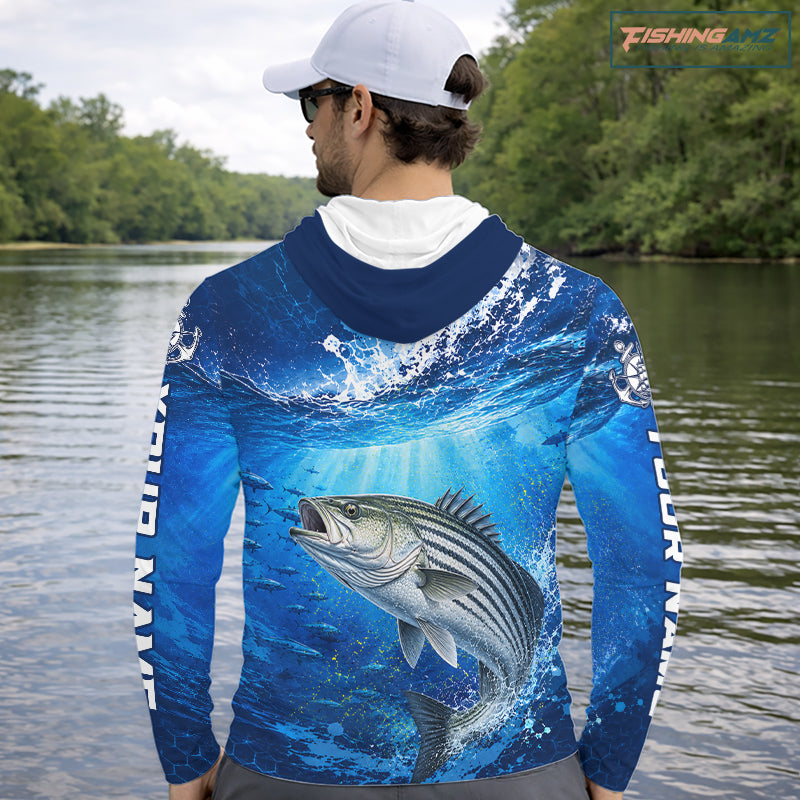 Striped Bass Fishing Jersey Ocean Blue 3D All Over Print Long Sleeve Hooded Performance Shirt 