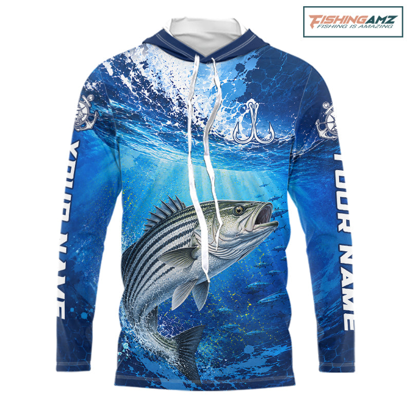 Striped Bass Fishing Jersey Ocean Blue 3D All Over Print Long Sleeve Hooded Performance Shirt 