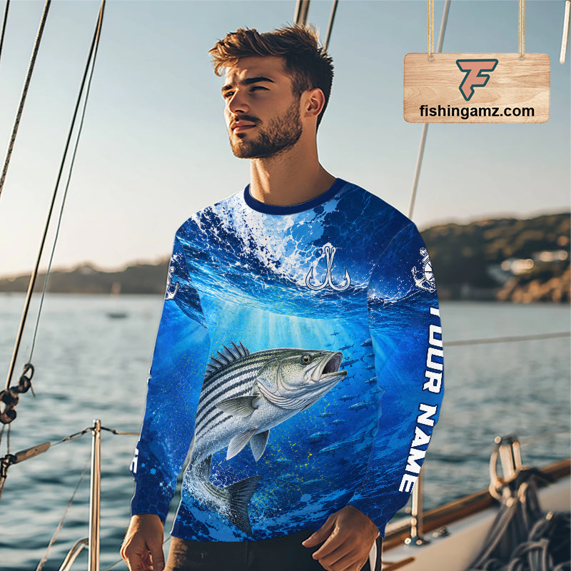 Striped Bass Fishing Jersey Ocean Blue 3D All Over Print Long Sleeve Performance Shirt 