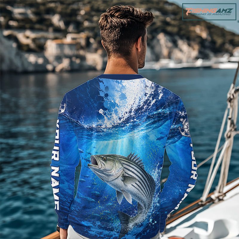 Striped Bass Fishing Jersey Ocean Blue 3D All Over Print Long Sleeve Performance Shirt 