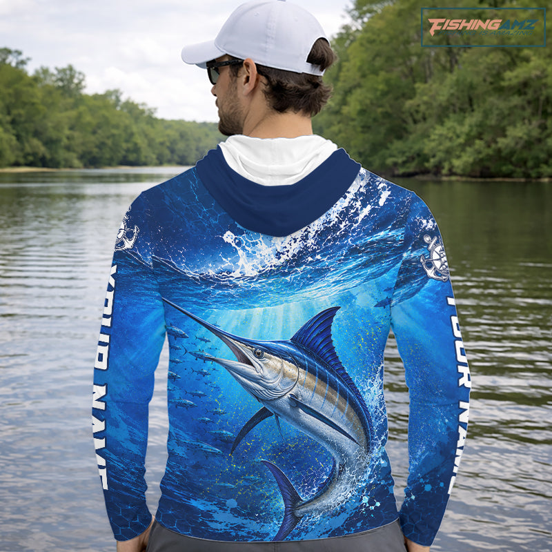 Marlin Fishing Jersey Ocean Blue 3D All Over Print Long Sleeve Hooded Performance Shirt 