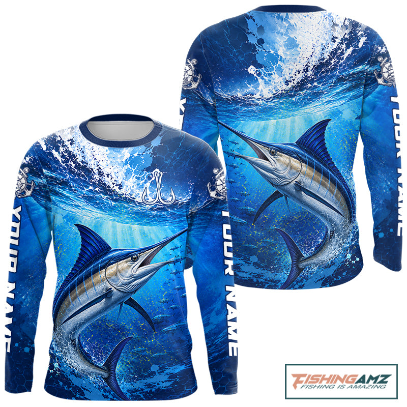 Marlin Fishing Jersey Ocean Blue 3D All Over Print Long Sleeve Performance Shirt 
