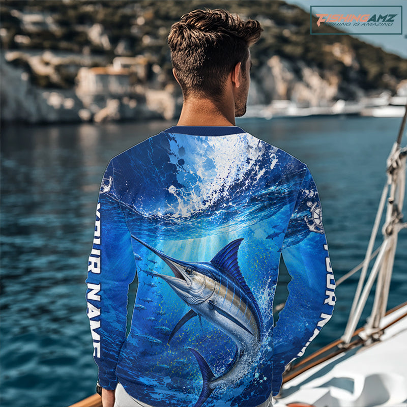 Marlin Fishing Jersey Ocean Blue 3D All Over Print Long Sleeve Performance Shirt 