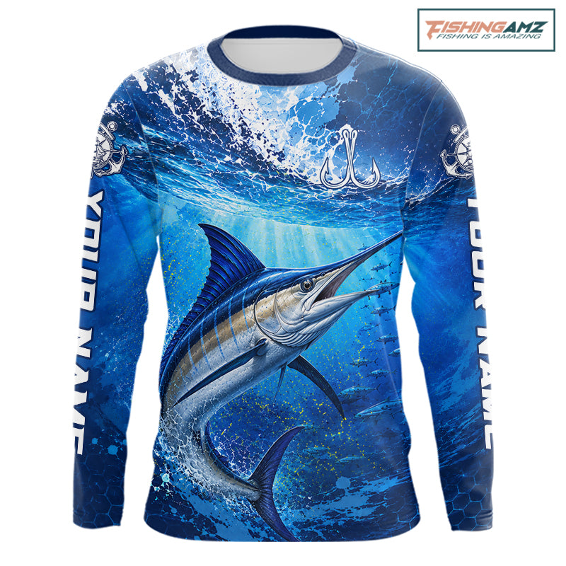 Marlin Fishing Jersey Ocean Blue 3D All Over Print Long Sleeve Performance Shirt 