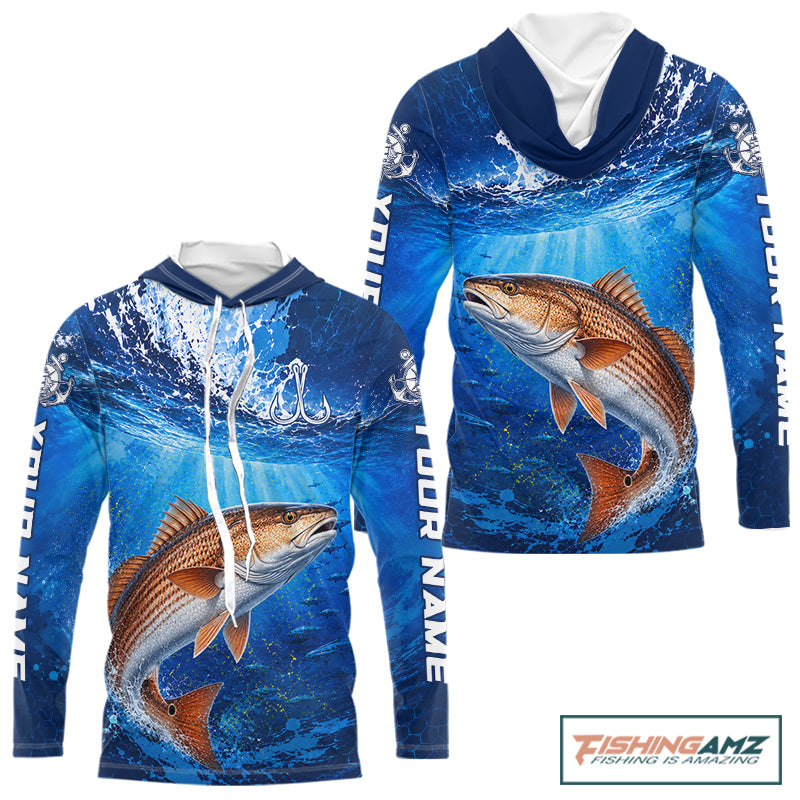 Redfish (Red Drum) Fishing Jersey Ocean Blue 3D All Over Print Long Sleeve Hooded Performance Shirt 