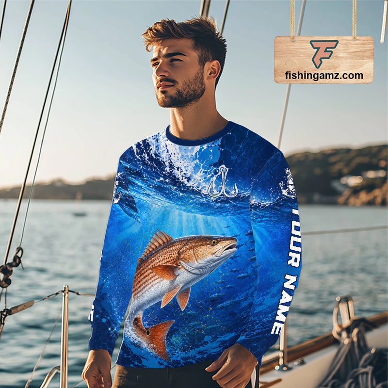 Redfish (Red Drum) Fishing Jersey Ocean Blue 3D All Over Print Long Sleeve Performance Shirt 