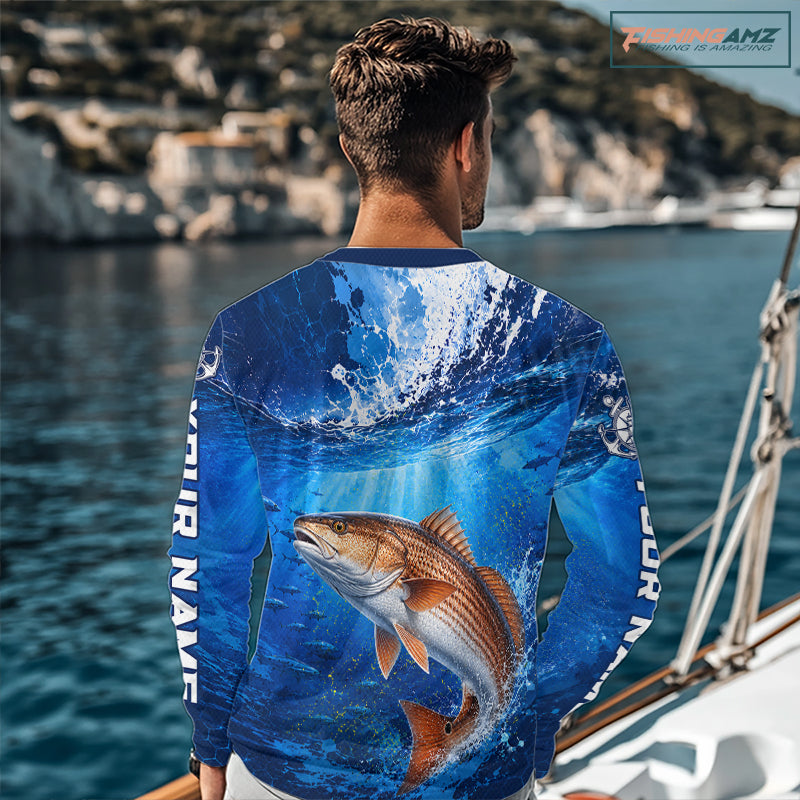 Redfish (Red Drum) Fishing Jersey Ocean Blue 3D All Over Print Long Sleeve Performance Shirt 
