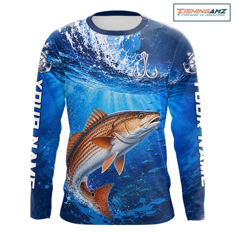 Redfish (Red Drum) Fishing Jersey Ocean Blue 3D All Over Print Long Sleeve Performance Shirt 