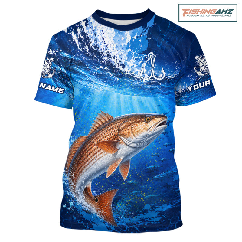 Redfish (Red Drum) Short Sleeve T-Shirt Ocean Blue 3D All Over Print Performance Shirt 
