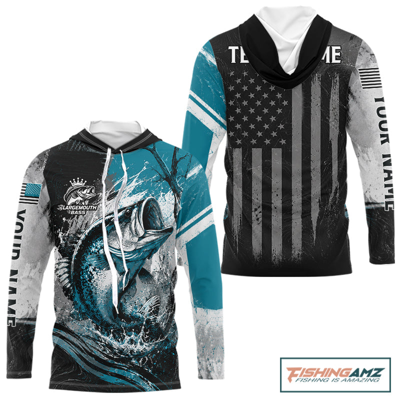 Personalized Bass Fishing Shirts Long Sleeve Hooded, Patriotic American Flag Fishing Jersey NHT1107