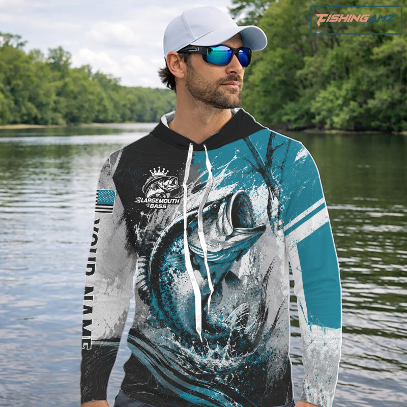 Personalized Bass Fishing Shirts Long Sleeve Hooded, Patriotic American Flag Fishing Jersey NHT1107