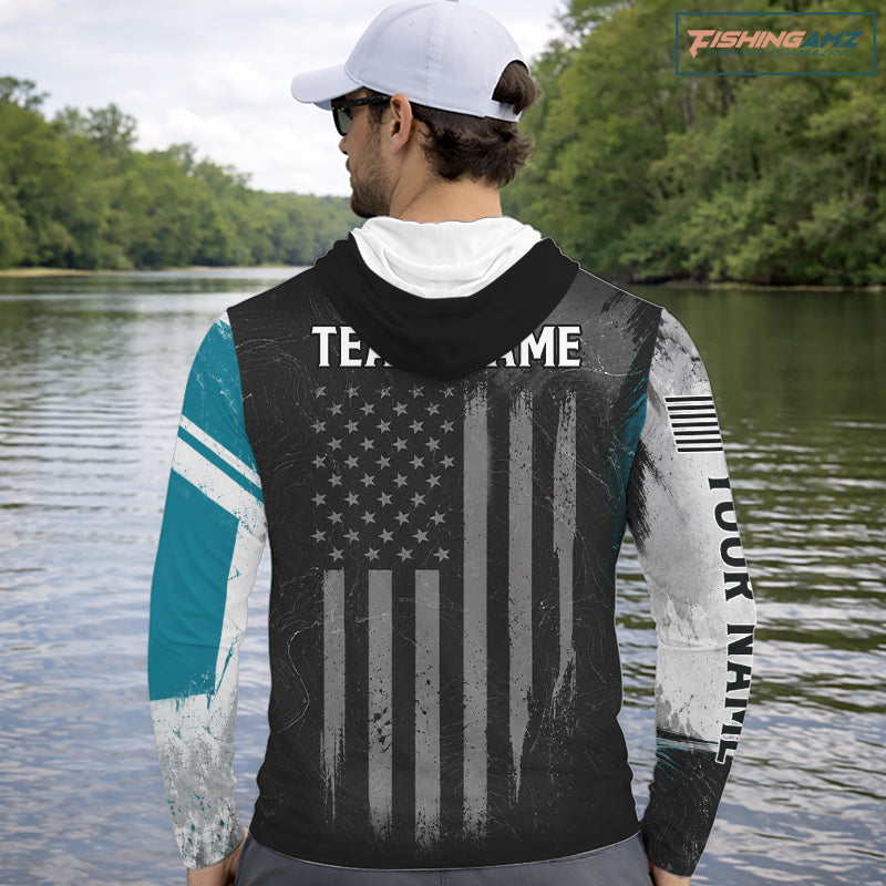 Personalized Bass Fishing Shirts Long Sleeve Hooded, Patriotic American Flag Fishing Jersey NHT1107