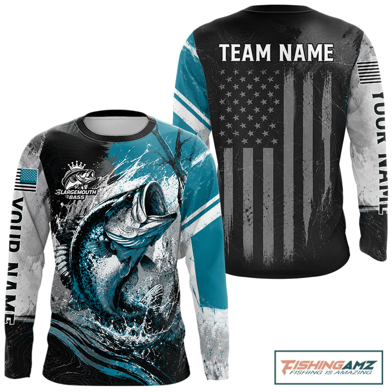Personalized Bass Fishing Shirts Long Sleeve, Patriotic American Flag Fishing Jersey NHT1107