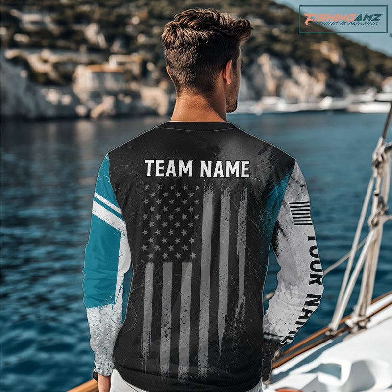 Personalized Bass Fishing Shirts Long Sleeve, Patriotic American Flag Fishing Jersey NHT1107