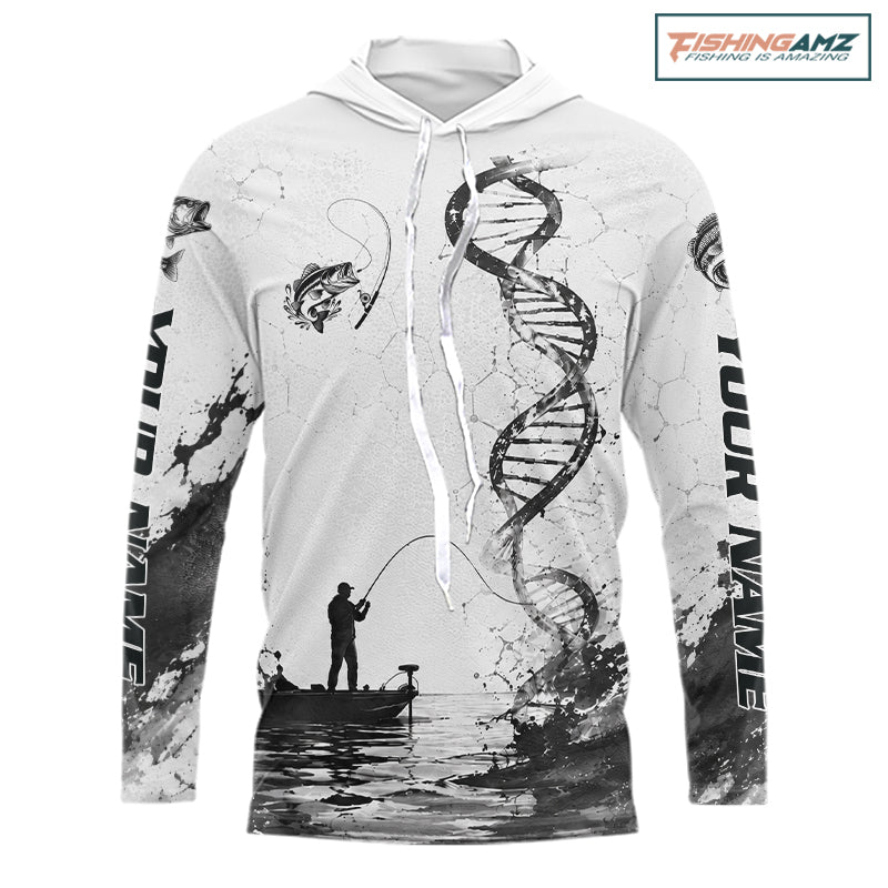 Largemouth Bass Fishing Long Sleeve Hooded Shirt Fisherman Boat DNA Art Graphic For Anglers 