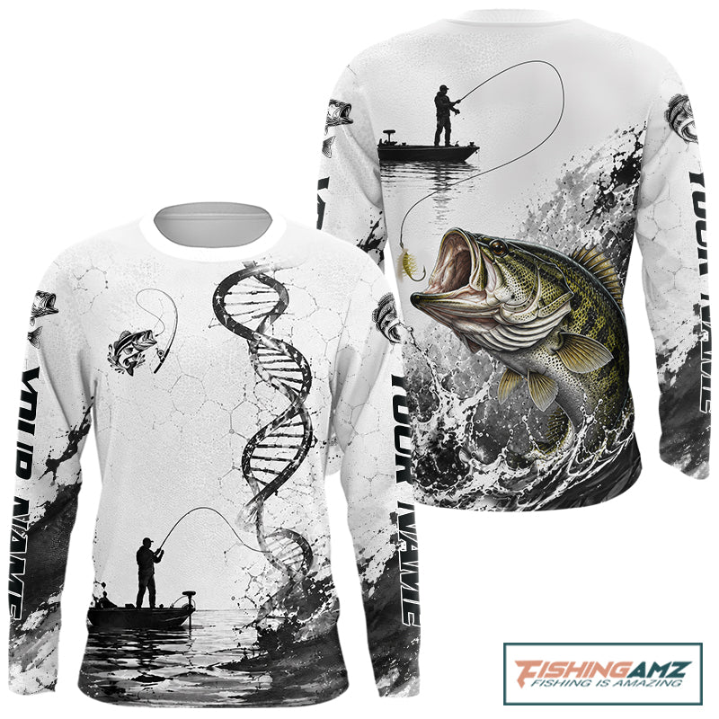 Largemouth Bass Fishing Long Sleeve Shirt Fisherman Boat DNA Art Graphic For Anglers 