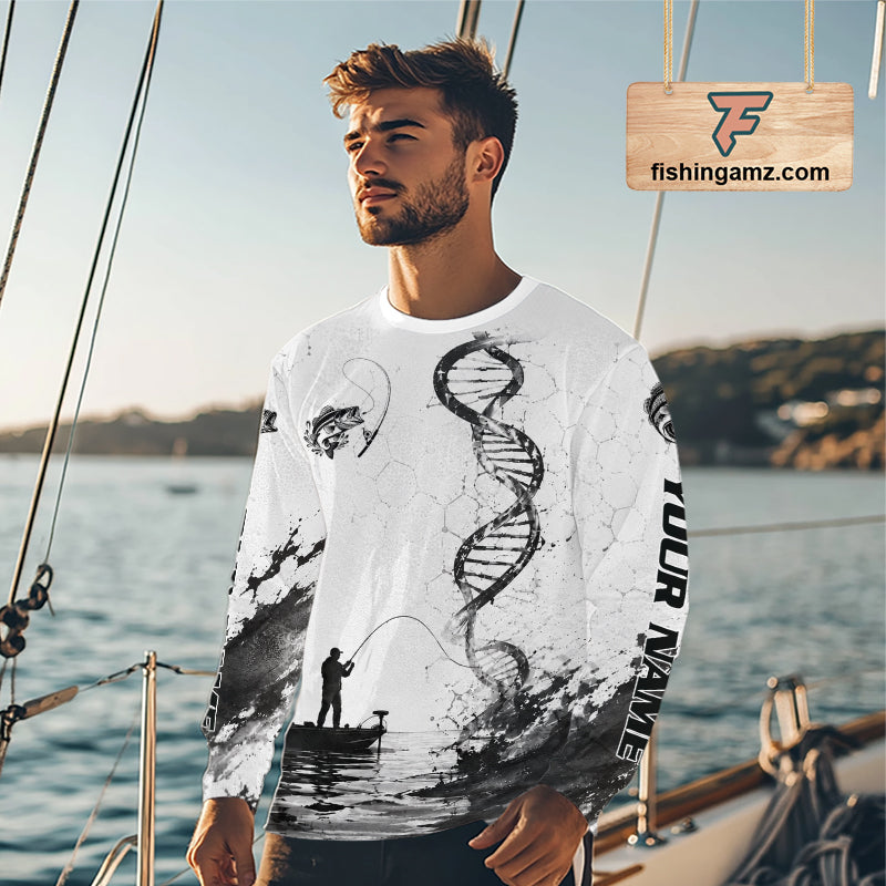 Largemouth Bass Fishing Long Sleeve Shirt Fisherman Boat DNA Art Graphic For Anglers 