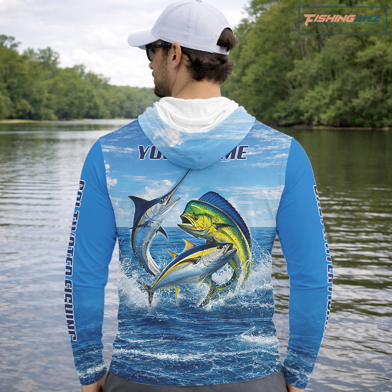 Personalized Mahi Mahi, Marlin, Tuna Blue Performance Hooded Fishing Shirt, Saltwater Tournament Shirts NHT600