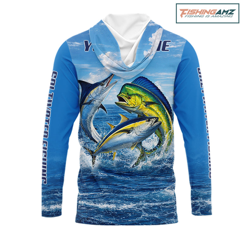 Personalized Mahi Mahi, Marlin, Tuna Blue Performance Hooded Fishing Shirt, Saltwater Tournament Shirts NHT600