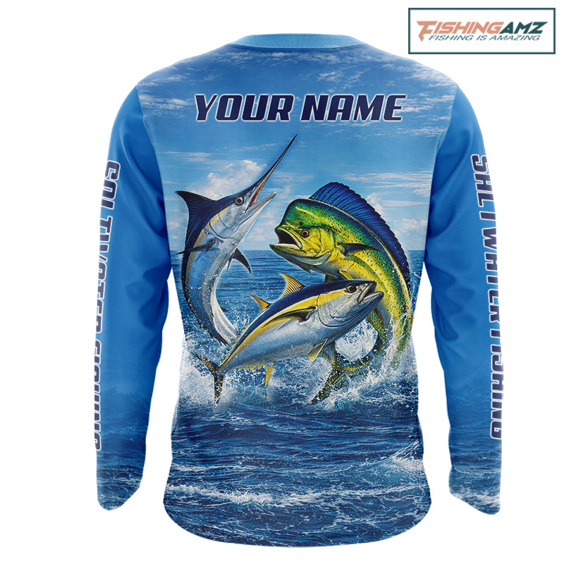 Personalized Mahi Mahi, Marlin, Tuna Blue Performance Fishing Shirt, Saltwater Tournament Shirts NHT600