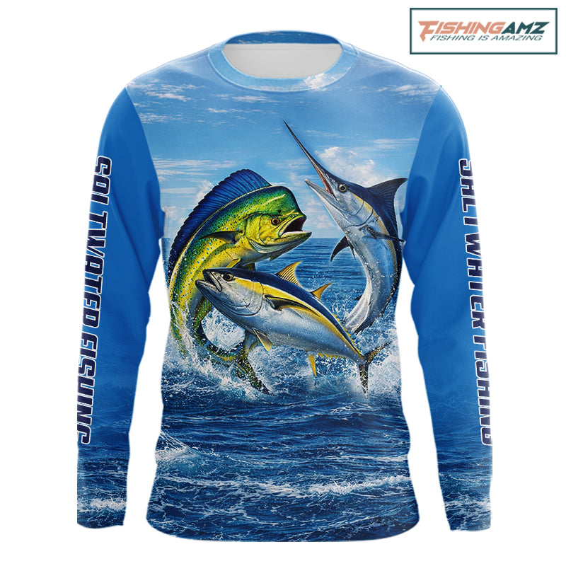Personalized Mahi Mahi, Marlin, Tuna Blue Performance Fishing Shirt, Saltwater Tournament Shirts NHT600