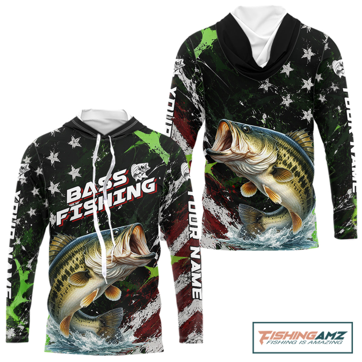Best Bass Fishing Shirt Long Sleeve Hooded American Flag Patriotic Custom Name