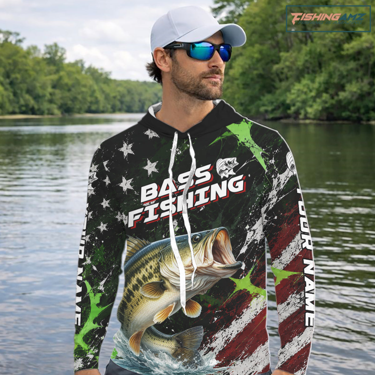 Best Bass Fishing Shirt Long Sleeve Hooded American Flag Patriotic Custom Name