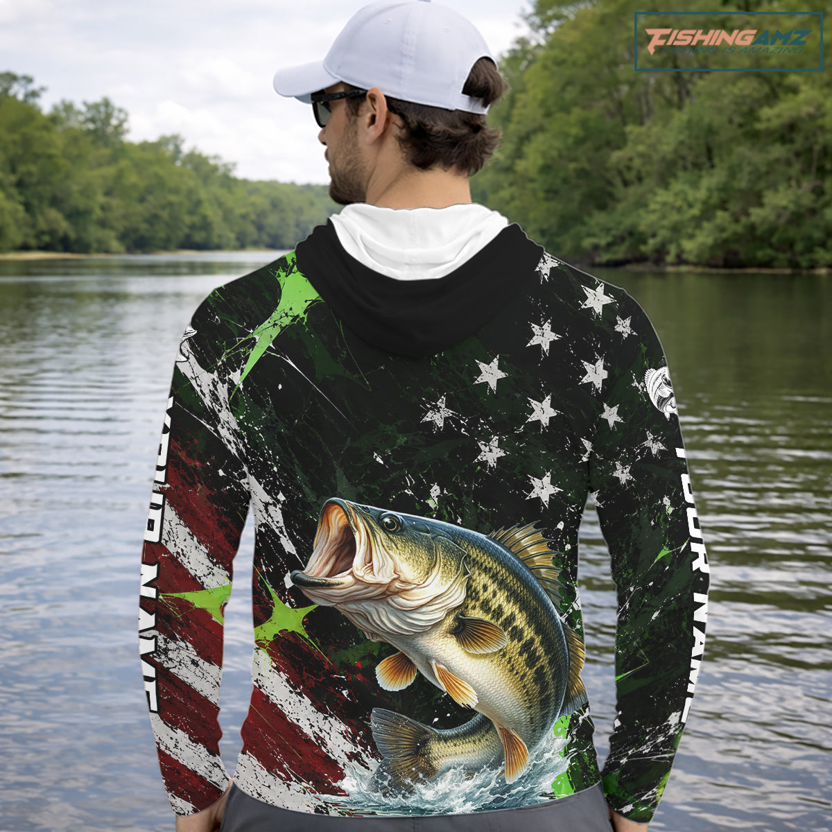 Best Bass Fishing Shirt Long Sleeve Hooded American Flag Patriotic Custom Name