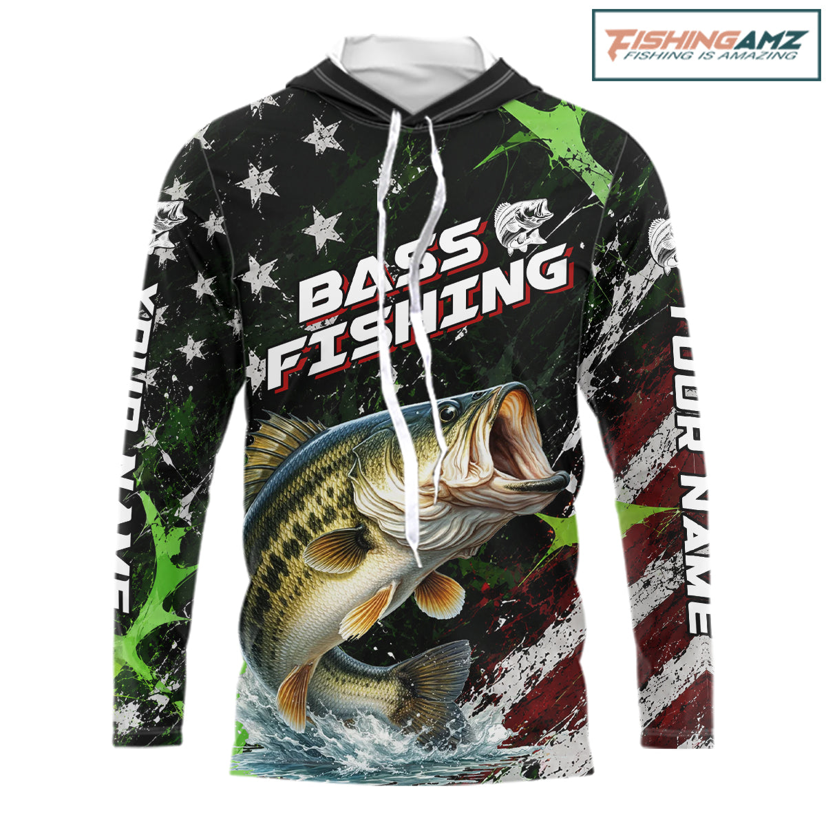 Best Bass Fishing Shirt Long Sleeve Hooded American Flag Patriotic Custom Name