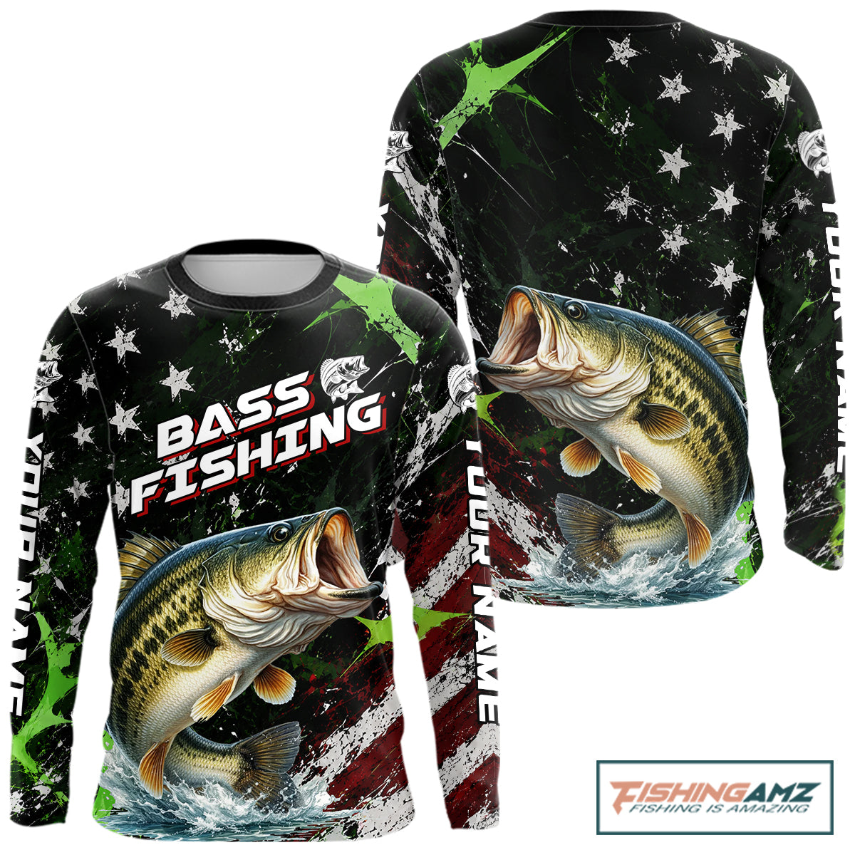 Best Bass Fishing Shirt Long Sleeve American Flag Patriotic Custom Name