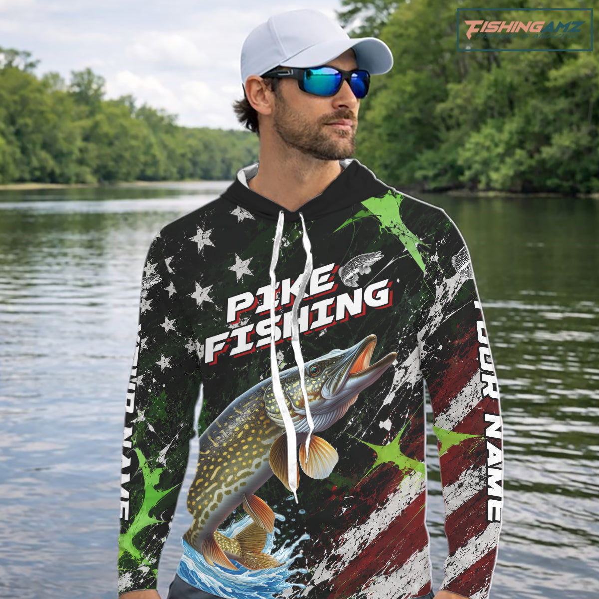 Best Pike Fishing Shirt Long Sleeve Hooded American Flag Patriotic Custom Name