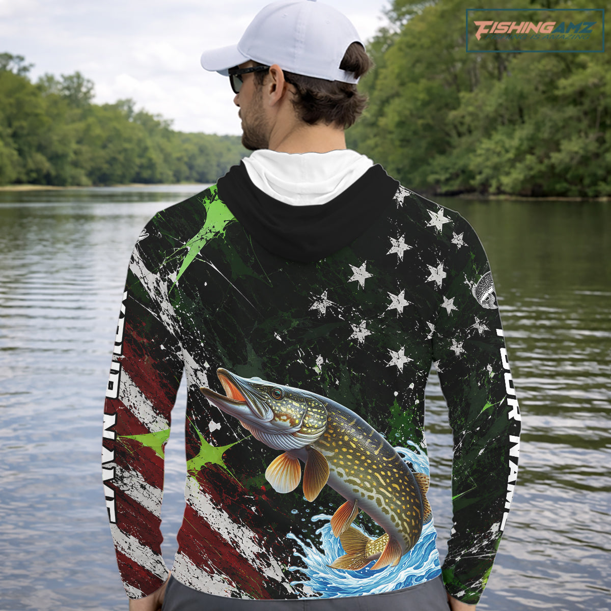 Best Pike Fishing Shirt Long Sleeve Hooded American Flag Patriotic Custom Name