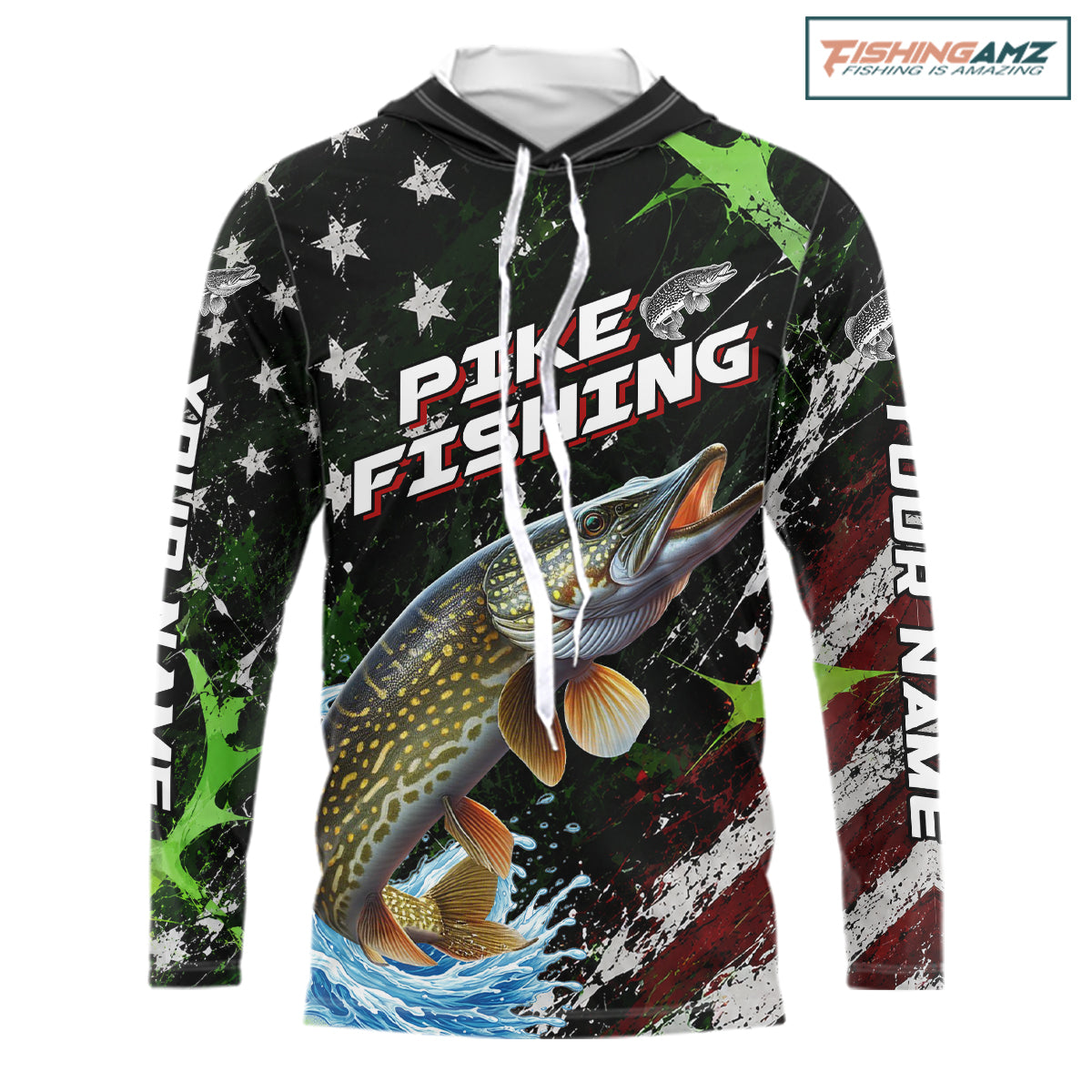Best Pike Fishing Shirt Long Sleeve Hooded American Flag Patriotic Custom Name