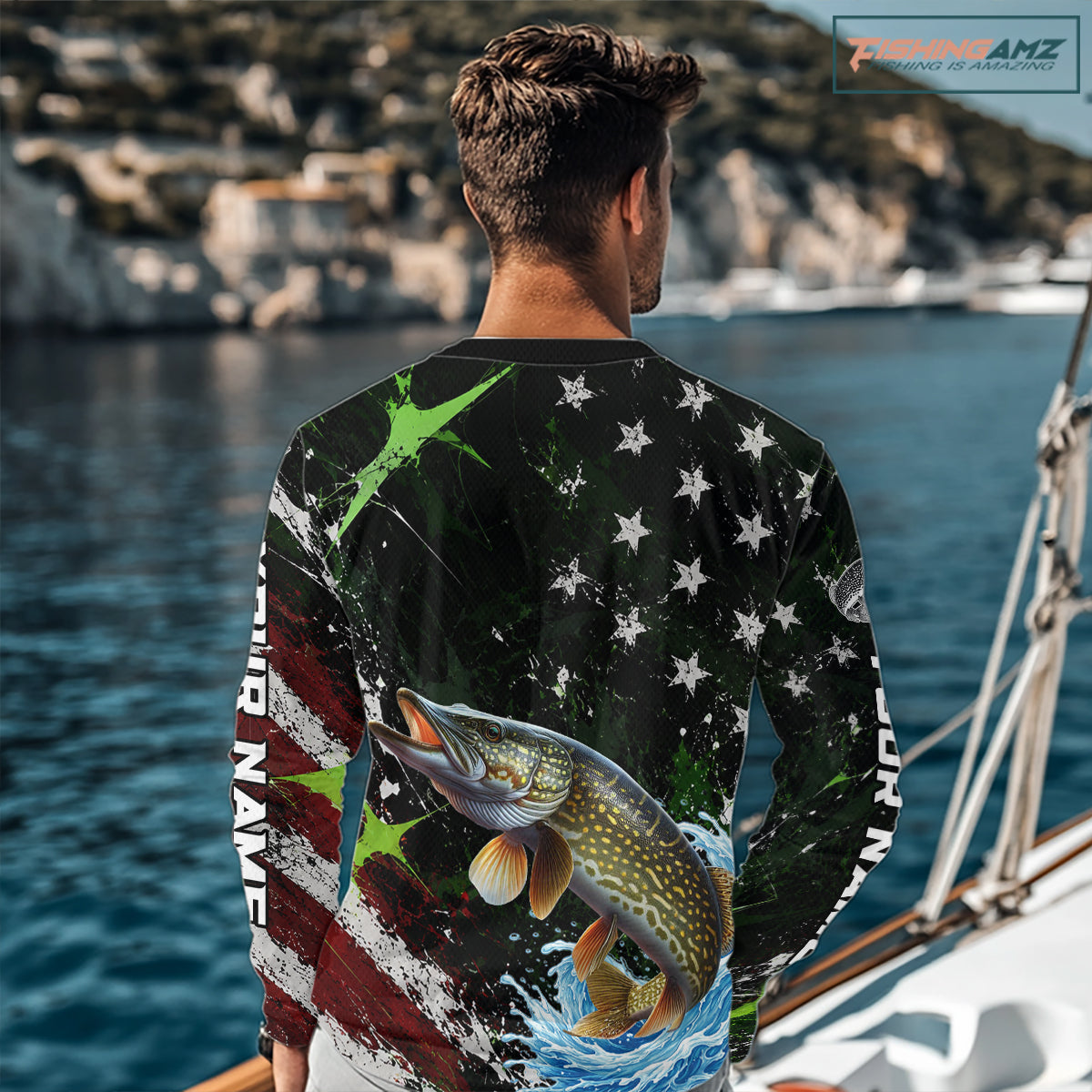 Best Pike Fishing Shirt Long Sleeve American Flag Patriotic Custom Name