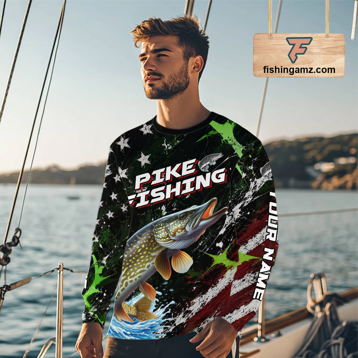 Best Pike Fishing Shirt Long Sleeve American Flag Patriotic Custom Name