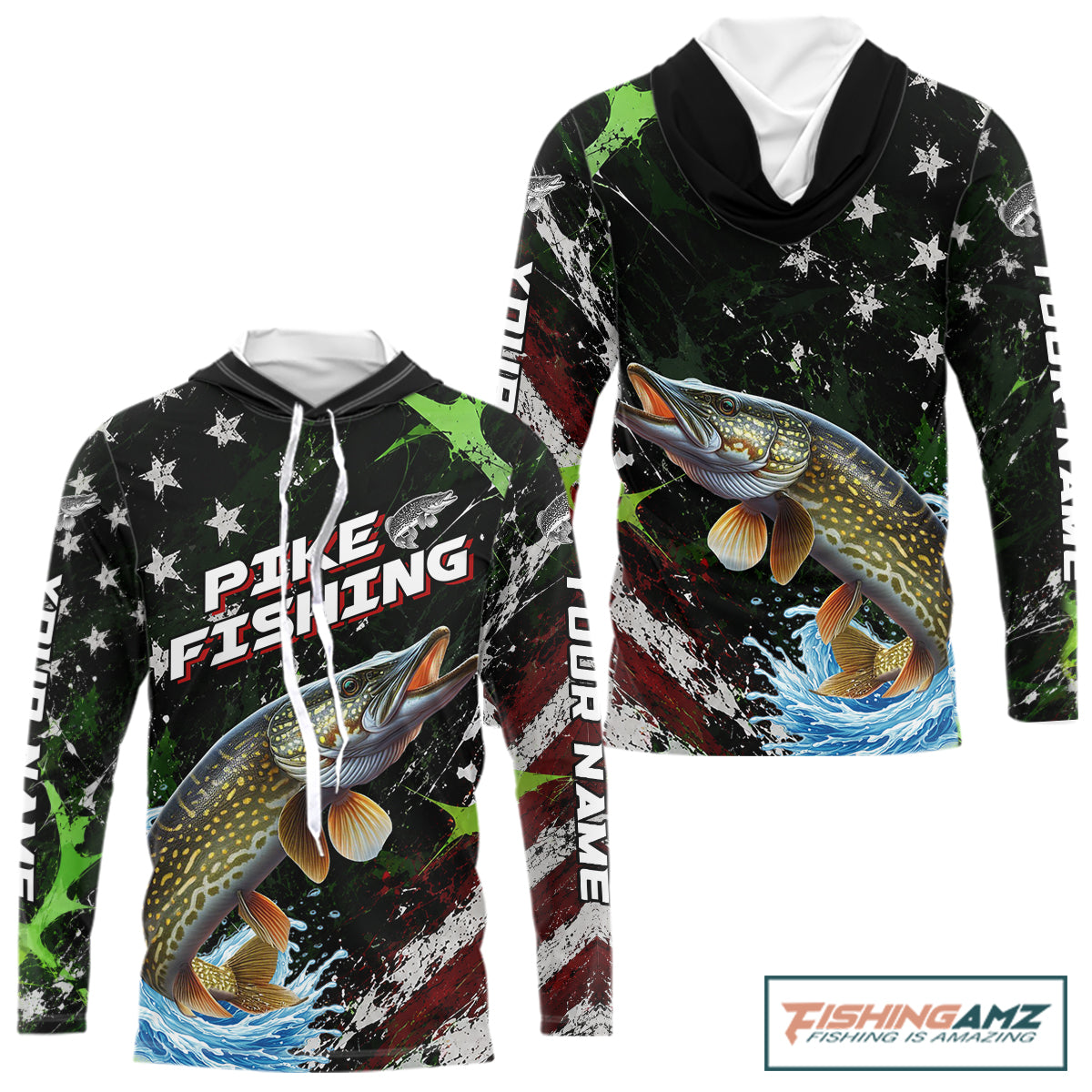 Best Pike Fishing Shirt Long Sleeve Hooded American Flag Patriotic Custom Name