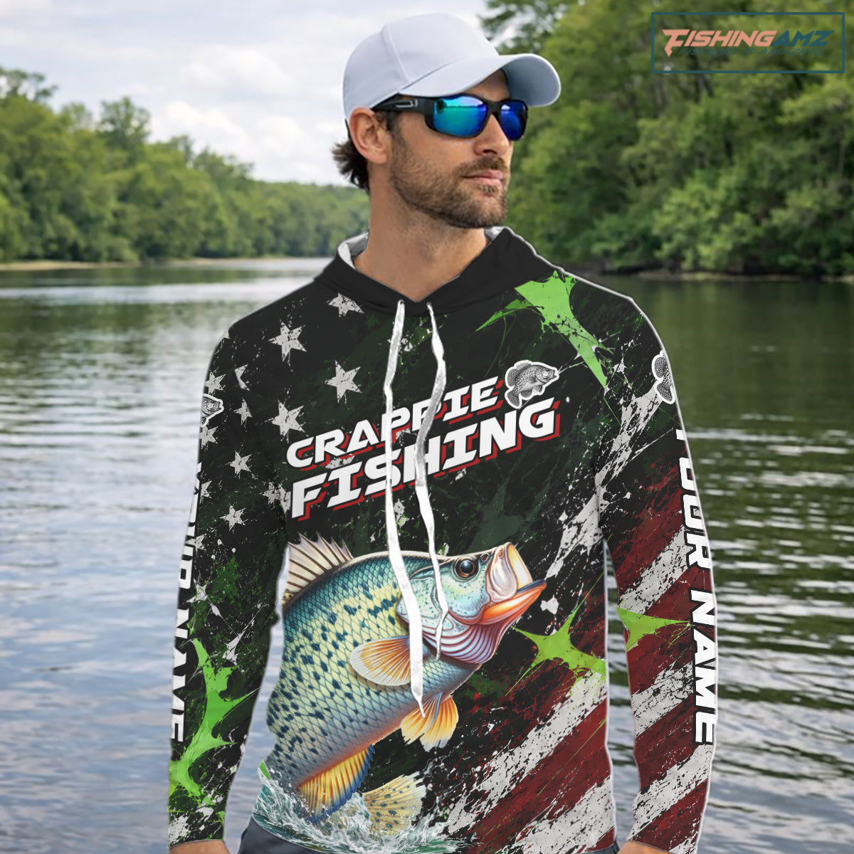 Best Crappie Fishing Shirt Long Sleeve Hooded American Flag Patriotic Custom Name