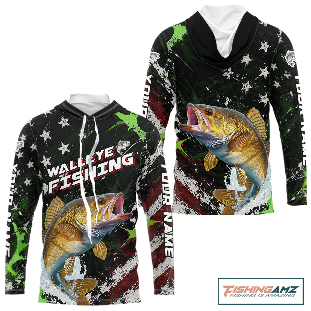 Best Walleye Fishing Shirt Long Sleeve Hooded American Flag Patriotic Custom Name