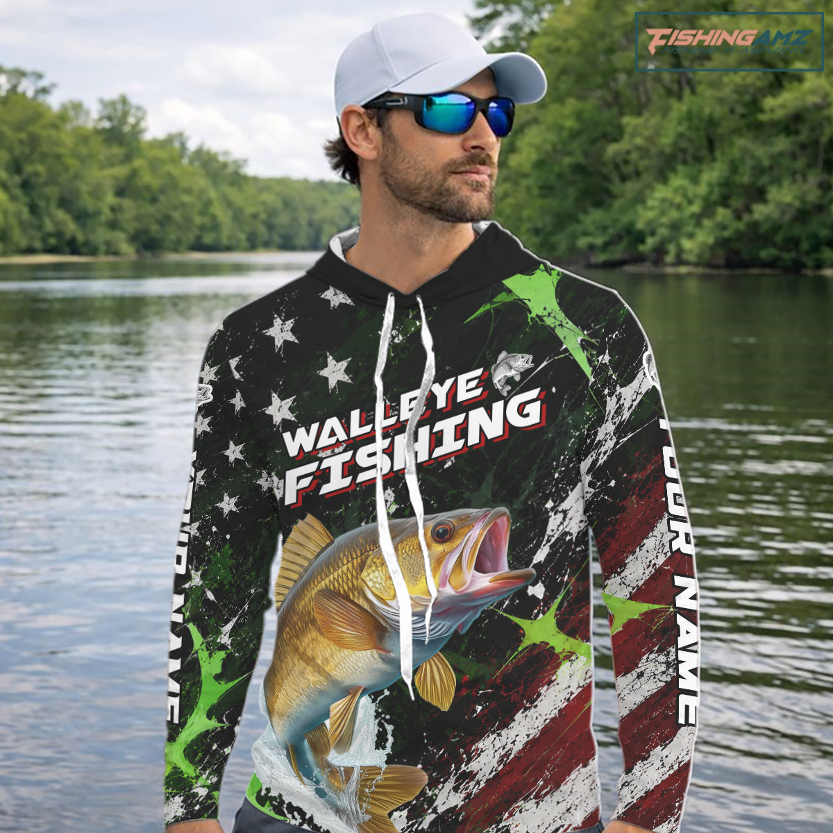 Best Walleye Fishing Shirt Long Sleeve Hooded American Flag Patriotic Custom Name