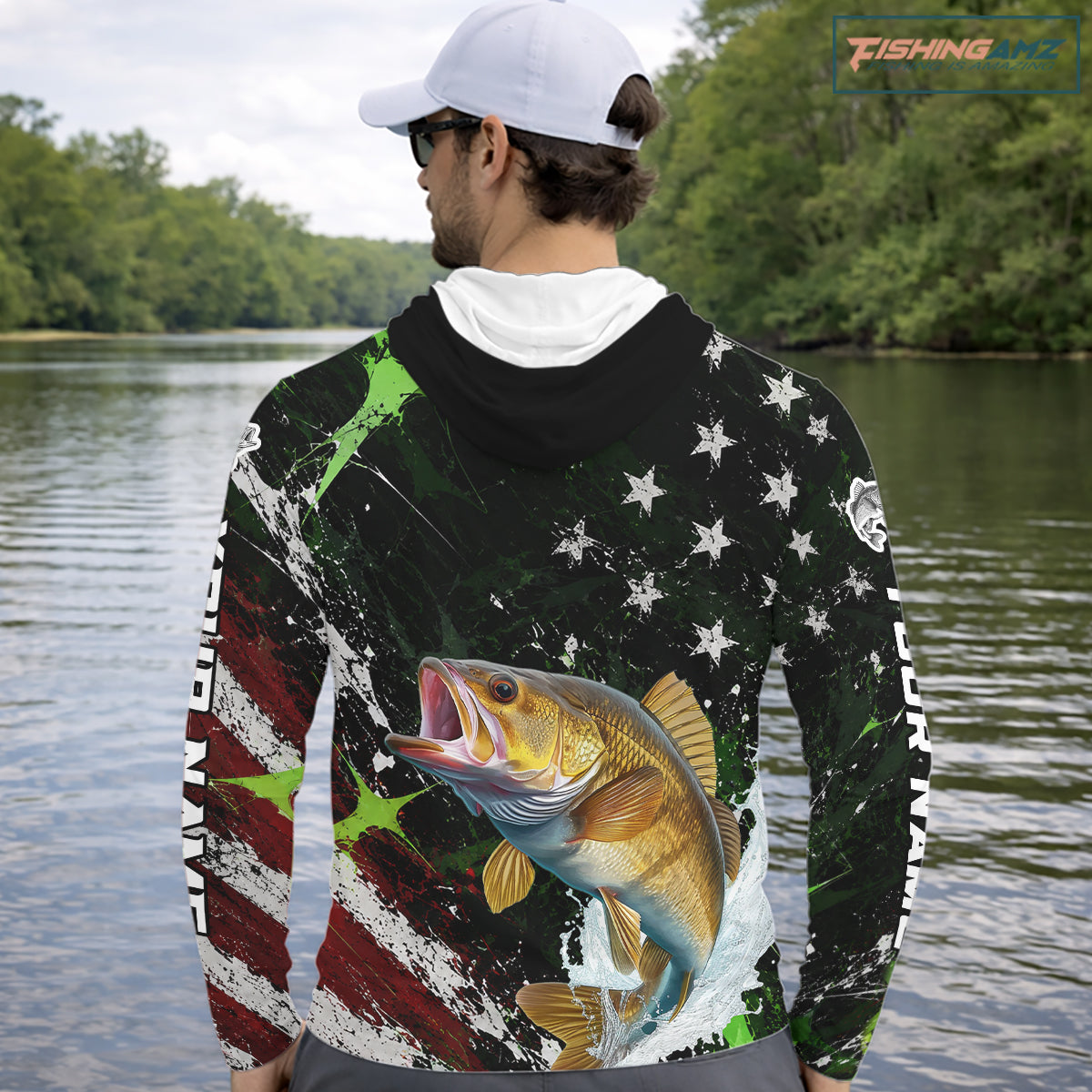 Best Walleye Fishing Shirts Long Sleeve Hooded American Flag Patriotic Custom Name Fishing Jersey NHT967