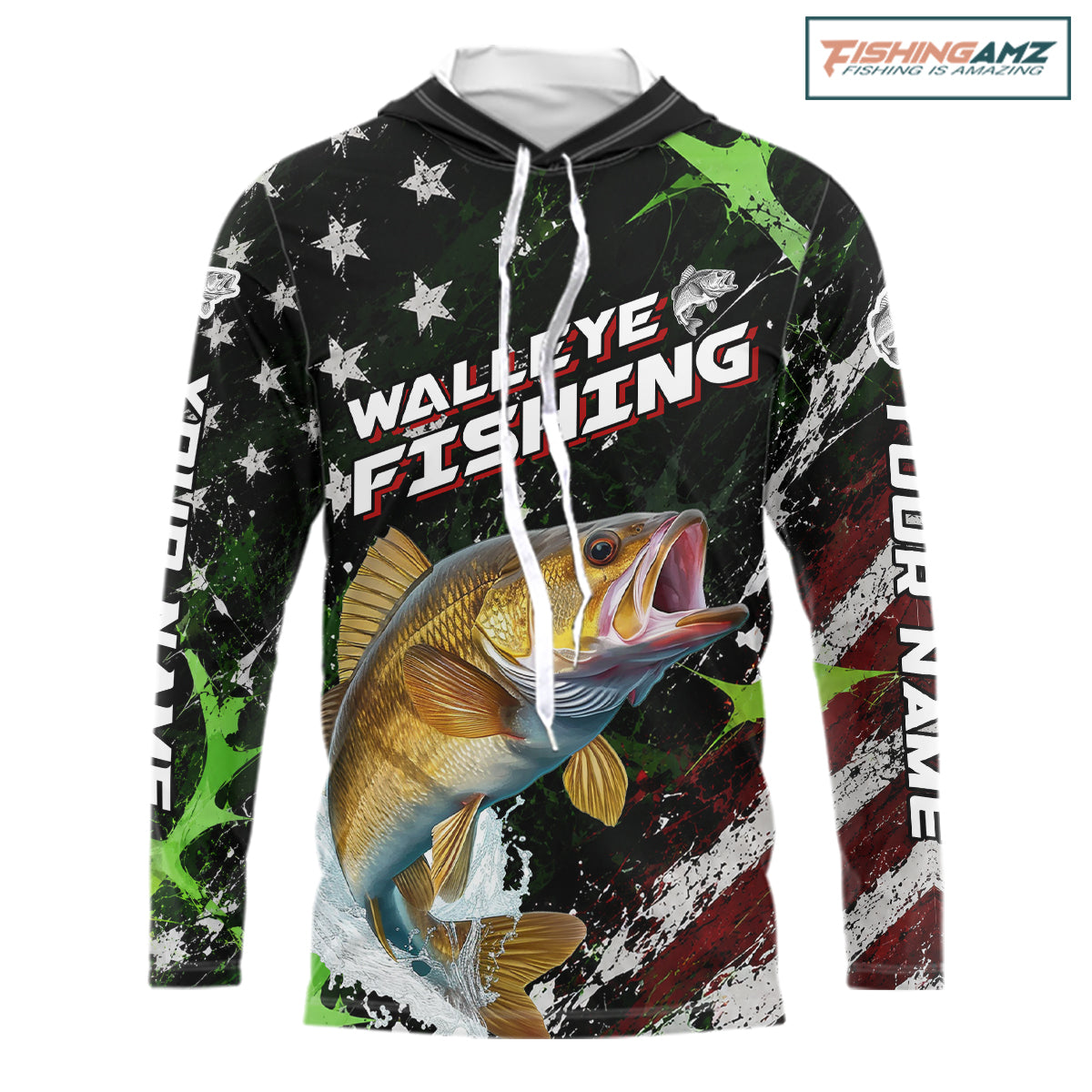 Best Walleye Fishing Shirt Long Sleeve Hooded American Flag Patriotic Custom Name