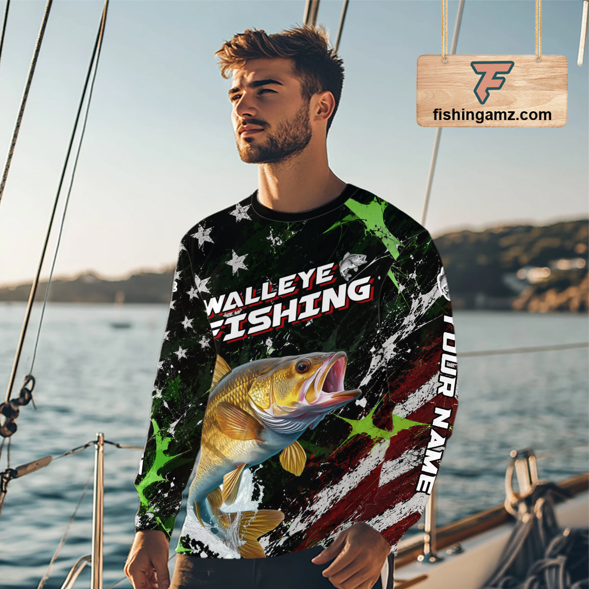 Best Walleye Fishing Shirt Long Sleeve American Flag Patriotic Custom Name