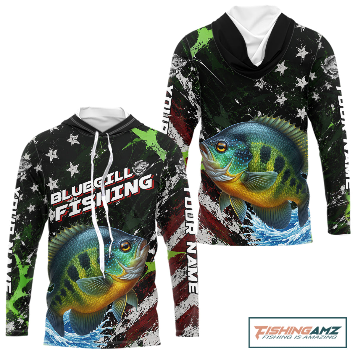 Best Bluegill Fishing Shirt Long Sleeve Hooded American Flag Patriotic Custom Name