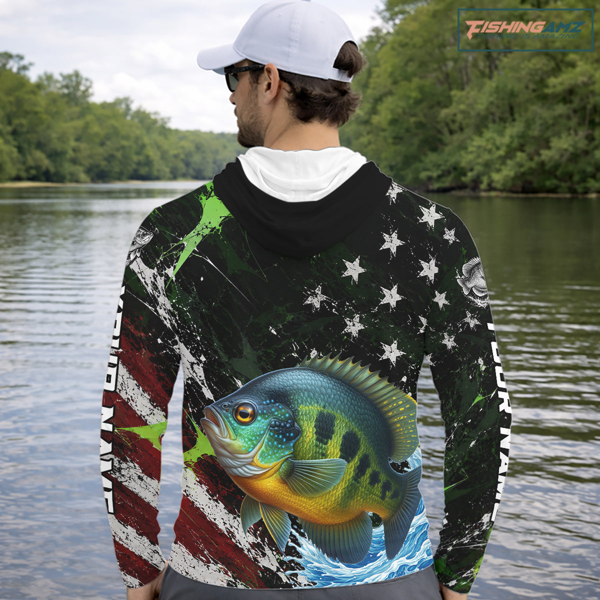 Best Bluegill Fishing Shirts Long Sleeve Hooded American Flag Patriotic Custom Name Fishing Jersey NHT968