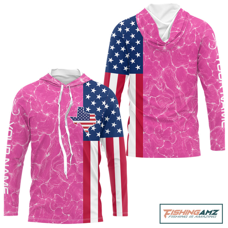 Texas Fishing Shirt Pink American Flag Men's Long Sleeve Hooded Fishing Apparel 