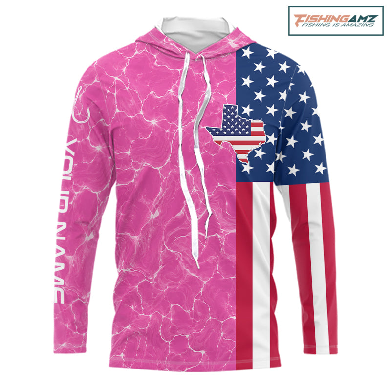 Texas Fishing Shirt Pink American Flag Men's Long Sleeve Hooded Fishing Apparel 