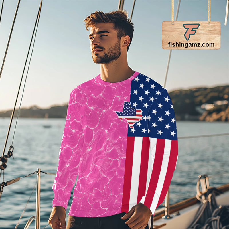 Texas Fishing Shirt Pink American Flag Men's Long Sleeve Fishing Apparel 
