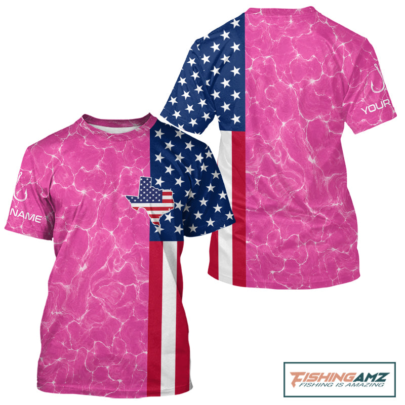 Texas Fishing T-Shirt Pink American Flag Men's Long Sleeve Fishing Apparel 
