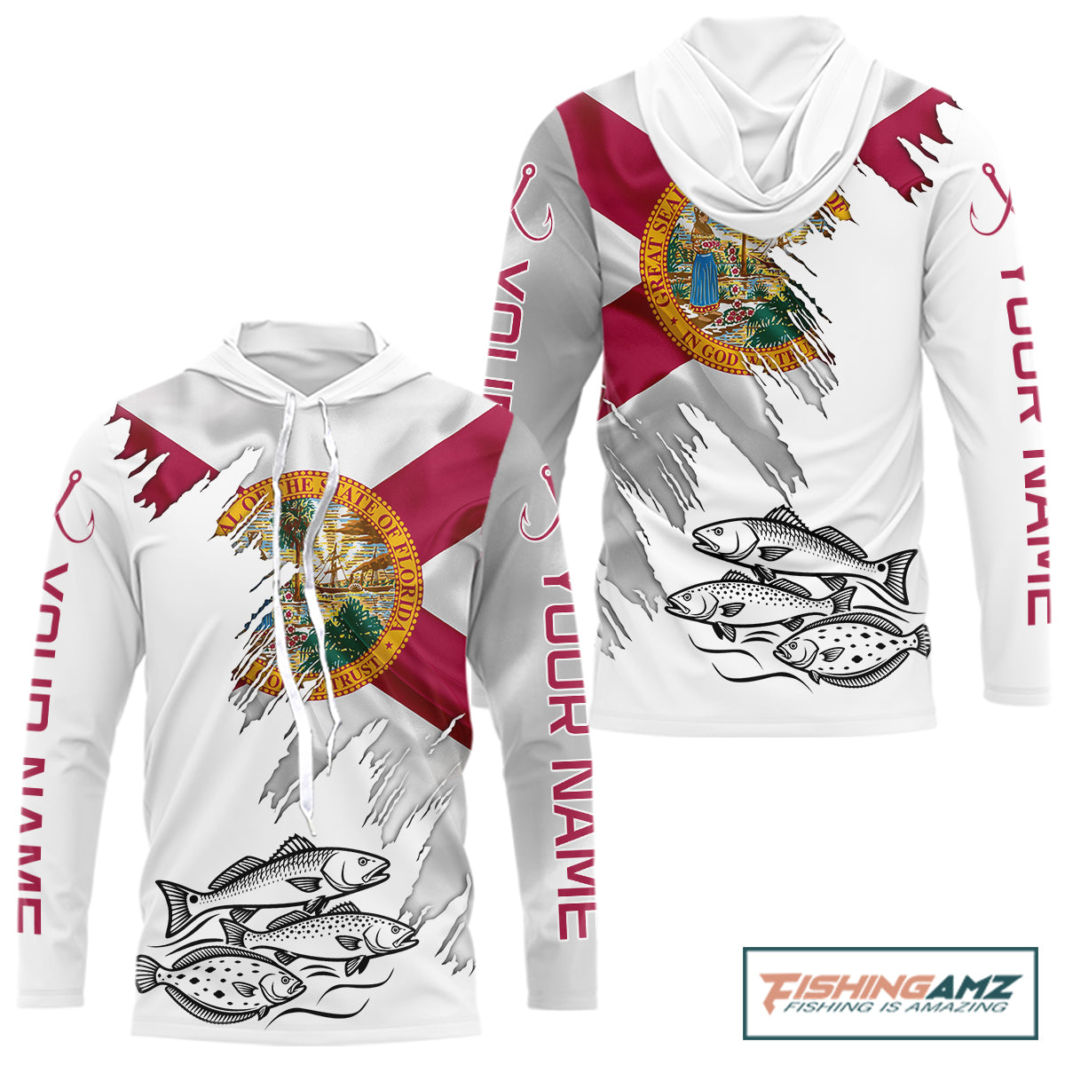 Personalized Inshore Slam Snook, Redfish,Trout Florida Flag Fishing Shirts Long Sleeve Hooded For Men NHT848